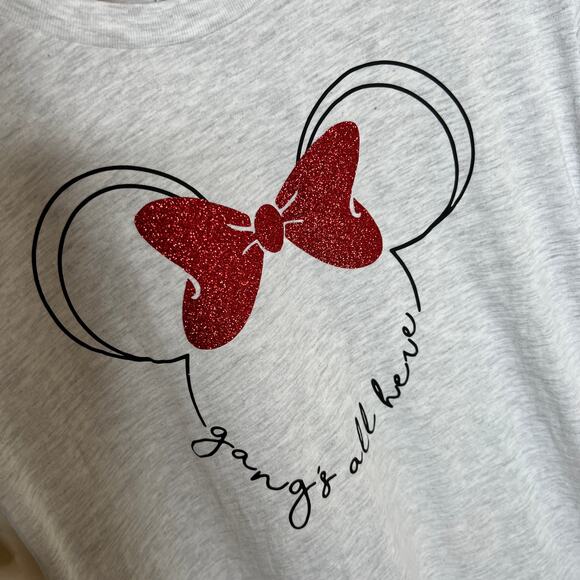 Minnie Mouse Gray Red Glitter "Gang' All Here" Tee Medium - Picture 2 of 9